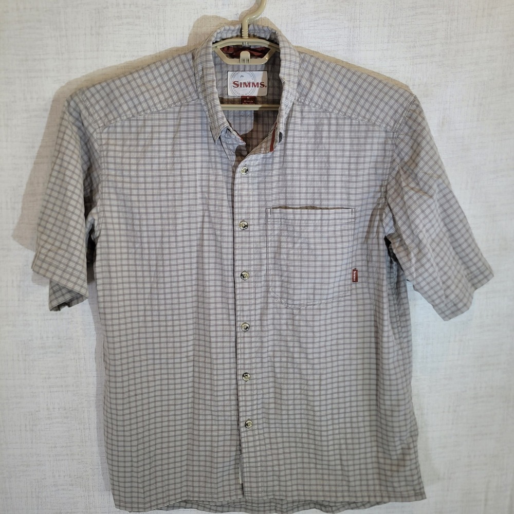 Simms Button Up Shirt Mens M Beige Plaid Short Sleeve Fishing Outdoor Casual